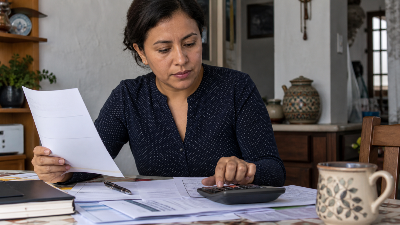 Persona compara contratos de crédito y una calculadora sobre una mesa de trabajo