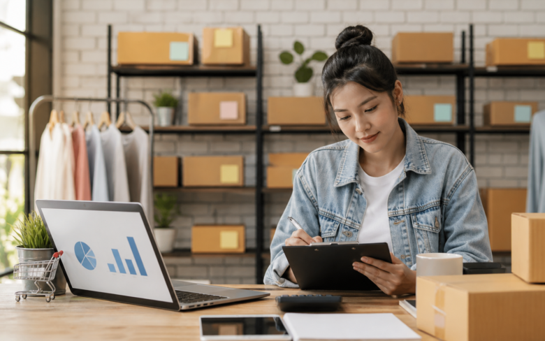 Espacio de trabajo de una pequeña empresa con inventario organizado y control de operaciones
