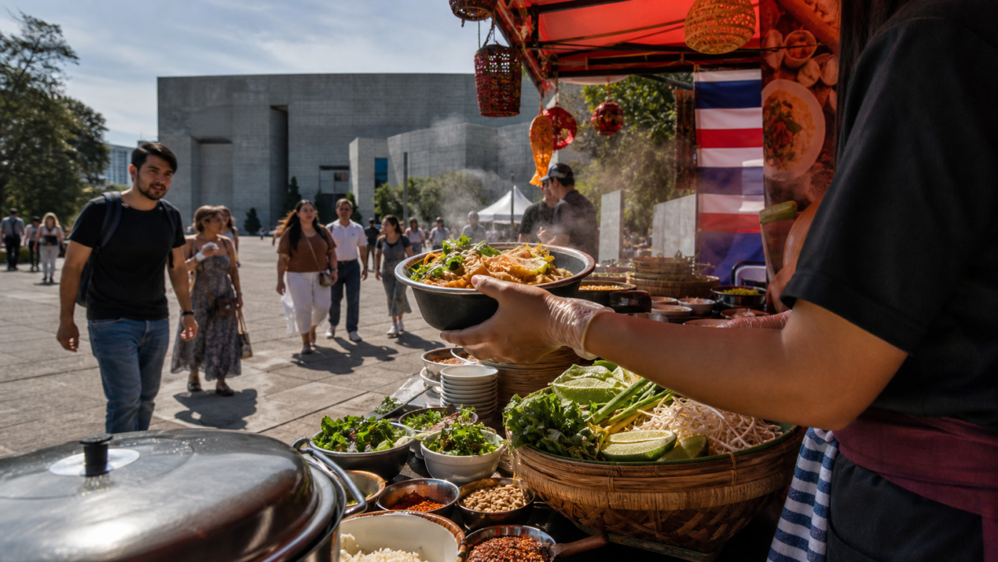 Vendedora a punto de servir un platillo tailandés humeante en un puesto del festival, mientras visitantes se acercan en una plaza cultural de Ciudad de México.