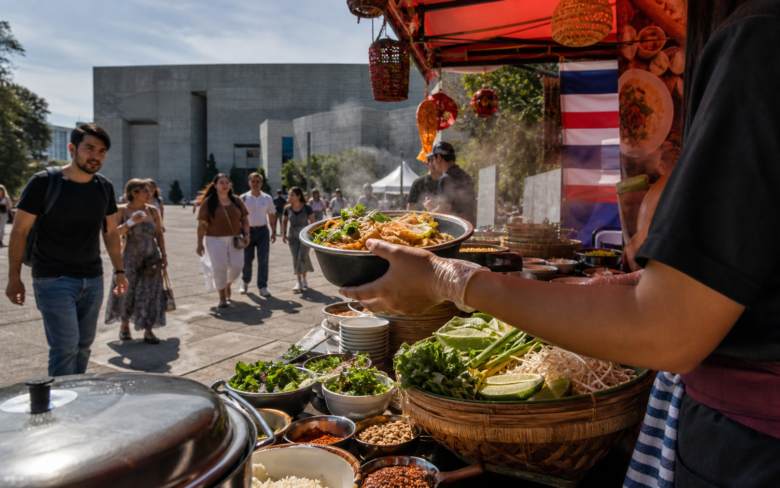 Vendedora a punto de servir un platillo tailandés humeante en un puesto del festival, mientras visitantes se acercan en una plaza cultural de Ciudad de México.