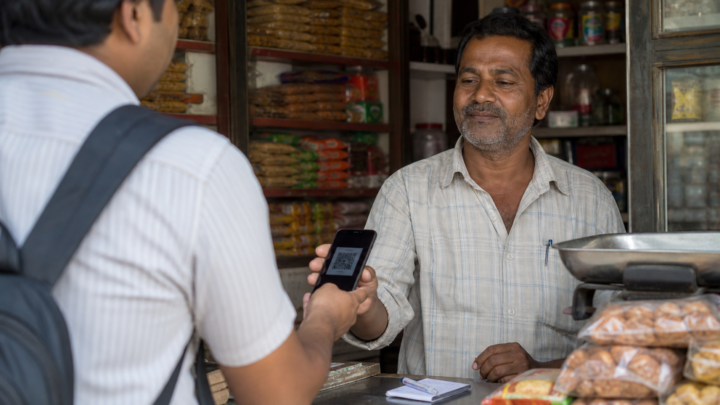 Comerciante mostrando un código QR de cobro mientras un cliente confirma una transferencia en su teléfono.