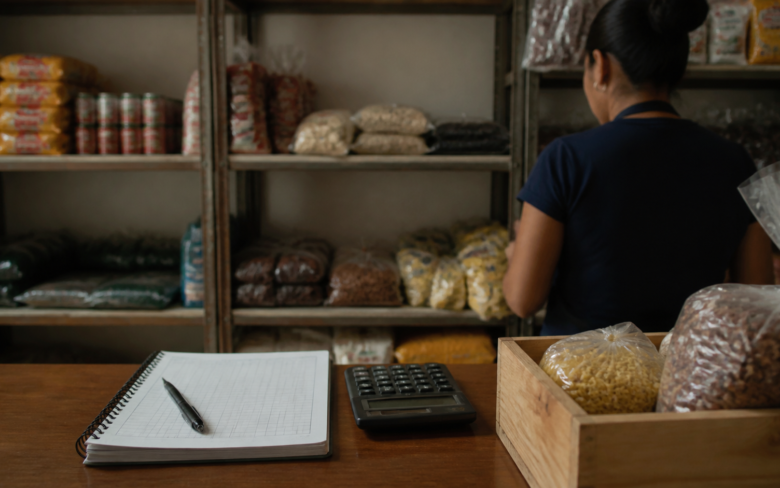 Dueña de una tienda en línea revisa una política de devoluciones junto a paquetes preparados